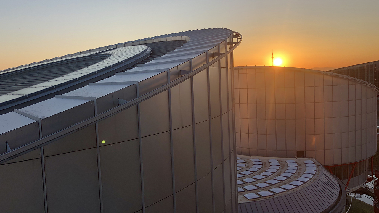 Roof of the Human rIghts building in sunset
