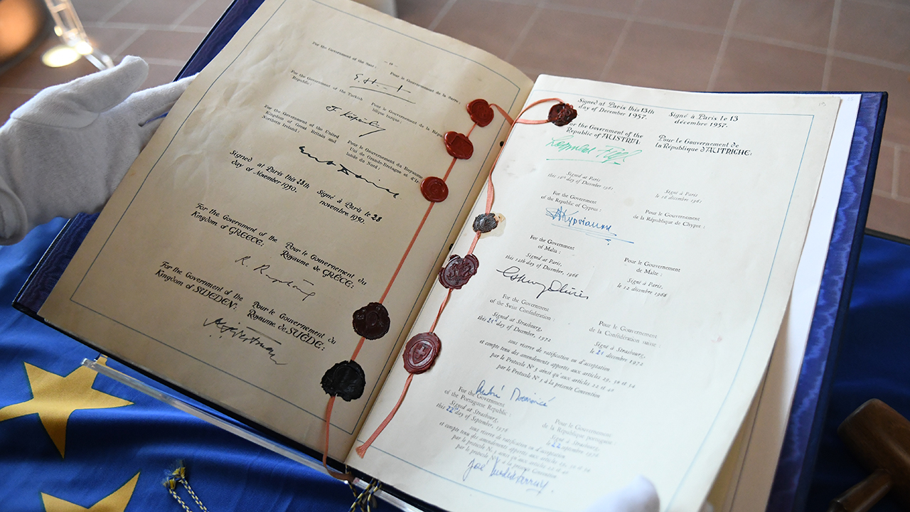 Original of the European Convention on Human Rights in the lobby of the Human Rights building in September 2025